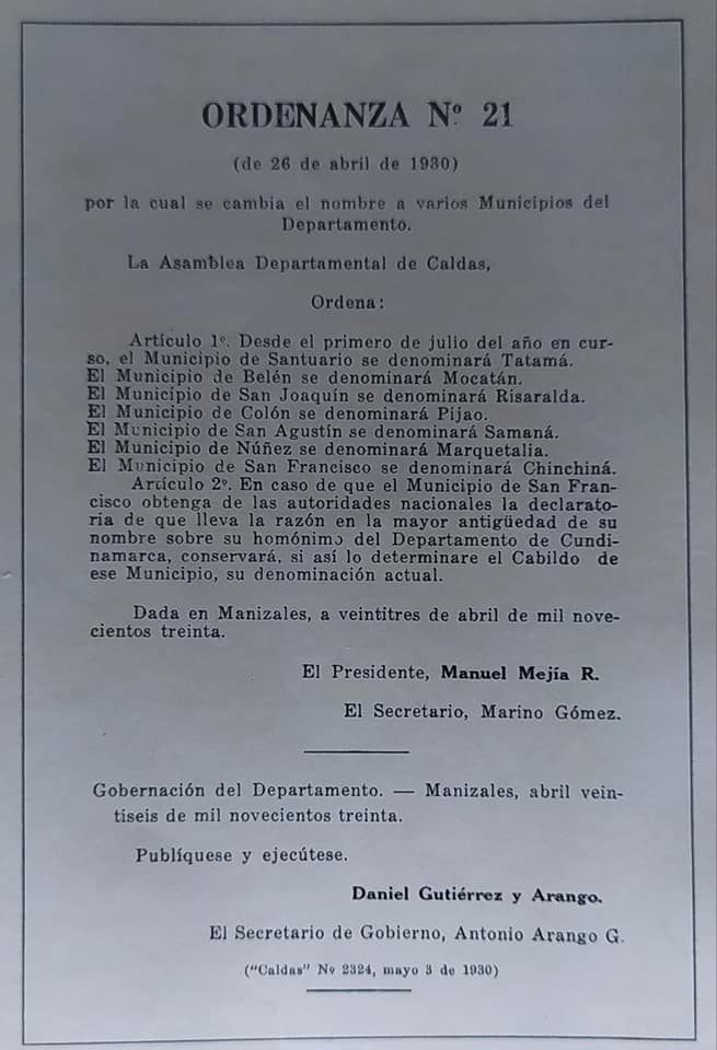 ORDENANZA 21 MUNICIPIO DE SAN AGUST�N CAMBIA A NOMBRE SAMAN�