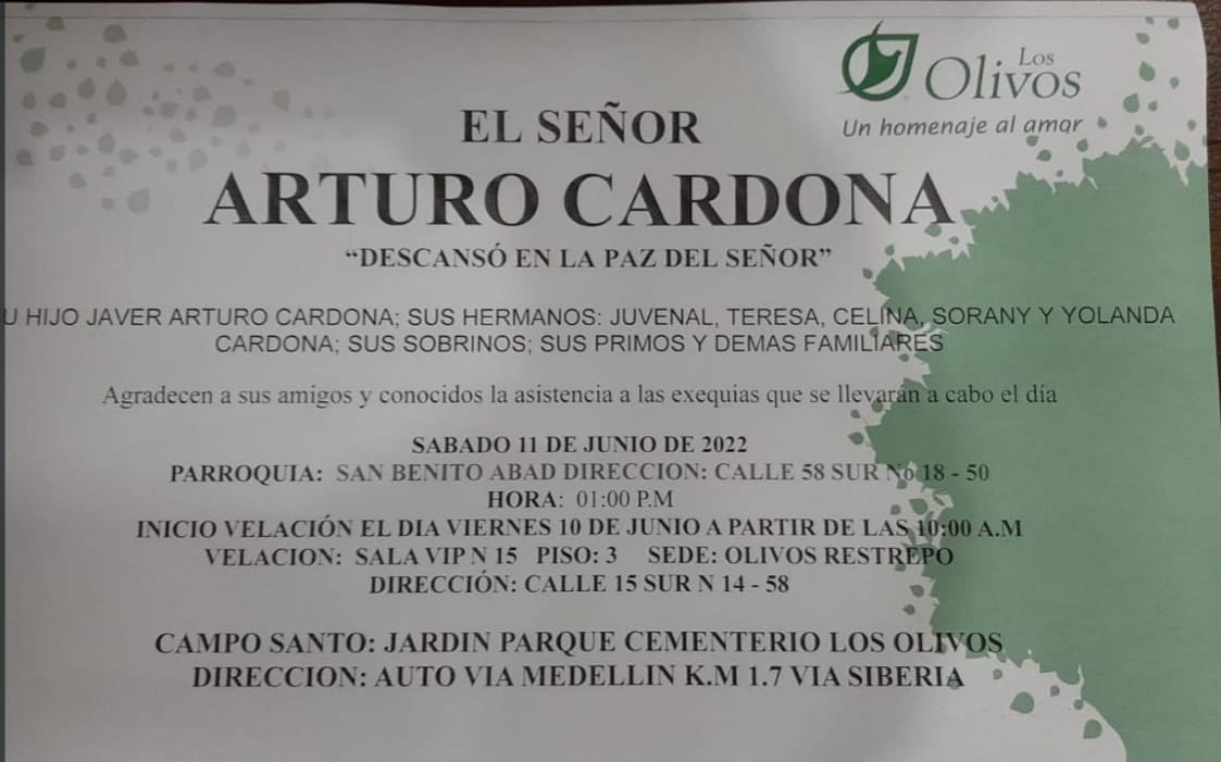 Deceso de: ARTURO CARDONA
