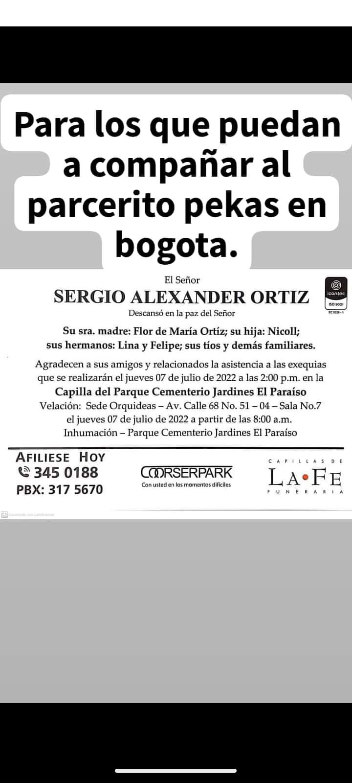 Deceso de: SERGIO ALEXANDER ORITZ