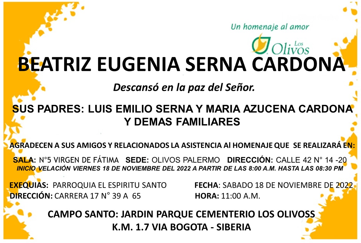 Deceso de: BEATRIZ EUGENIA SERNA CARDONA